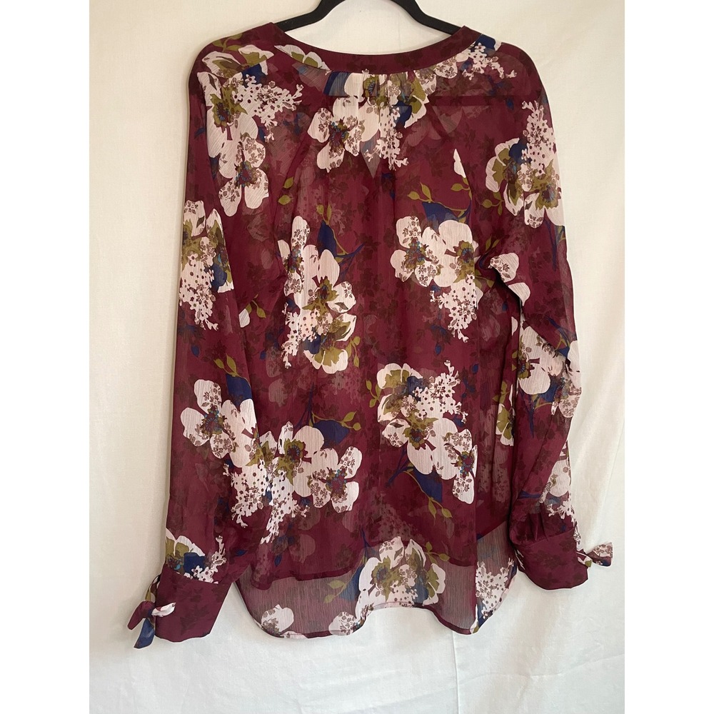 Kut from the Kloth Burgundy Floral Chiffon Blouse Tie Cuff Top Large KT60101 - Picture 3 of 9